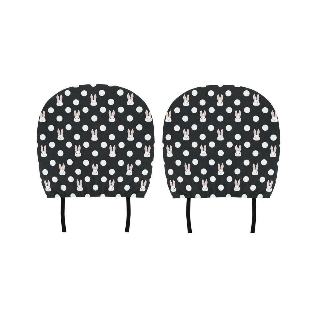 Cute white rabbit polka dots black background Car Headrest Cover