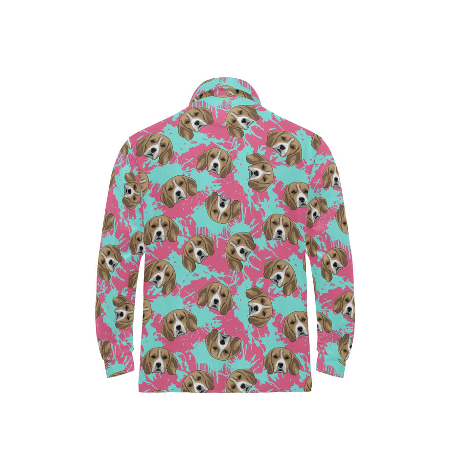 Beagle muzzles turquoise paint splashes pink patte Men's Long Sleeve Polo Shirt