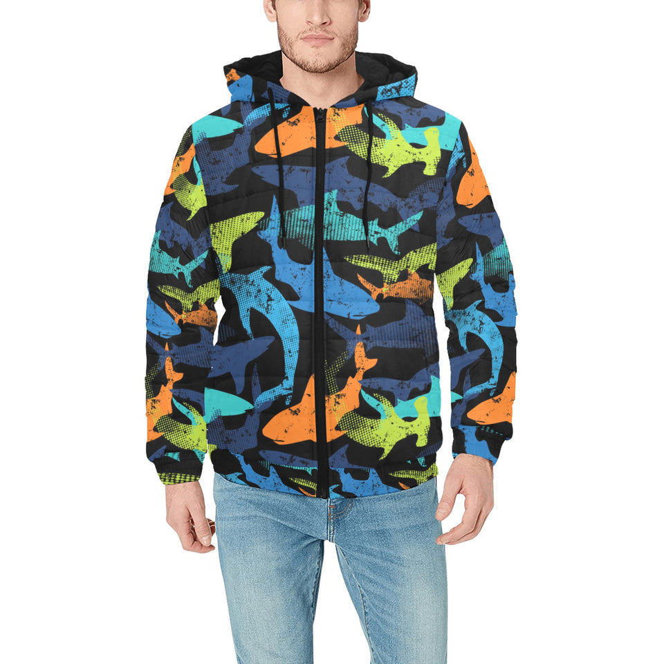 Colorful shark Men's Padded Hooded Jacket