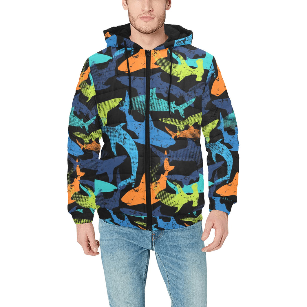 Colorful shark Men's Padded Hooded Jacket