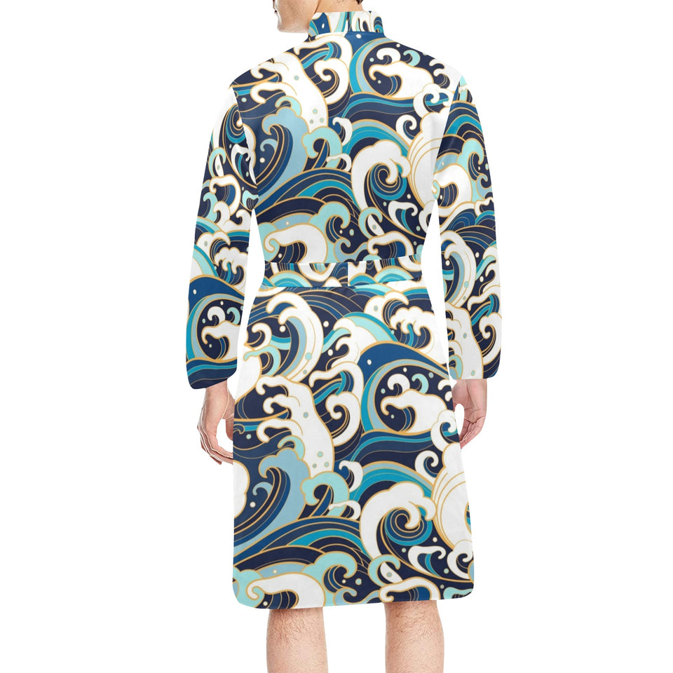 Japanese wave pattern Men's Long Sleeve Belted Night Robe