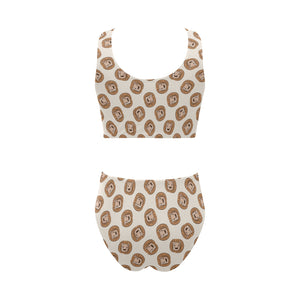 Lion Pattern Print Design 01 Chest Bowknot High Waisted Bikini Swimsuit