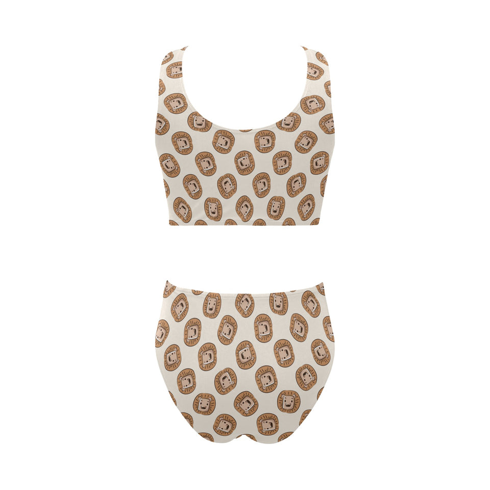 Lion Pattern Print Design 01 Chest Bowknot High Waisted Bikini Swimsuit