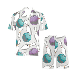 Bowling ball and pin gray background Men's V-Neck Short Pajama Set