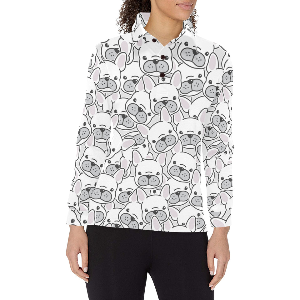 Cute french bulldog head pattern Women's Long Sleeve Polo Shirt