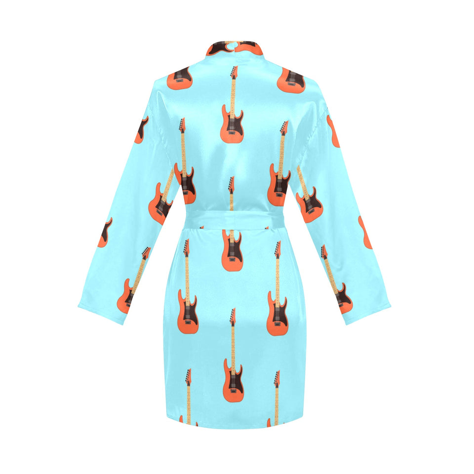 electric guitar pattern light blue background Women's Long Sleeve Belted Night Robe