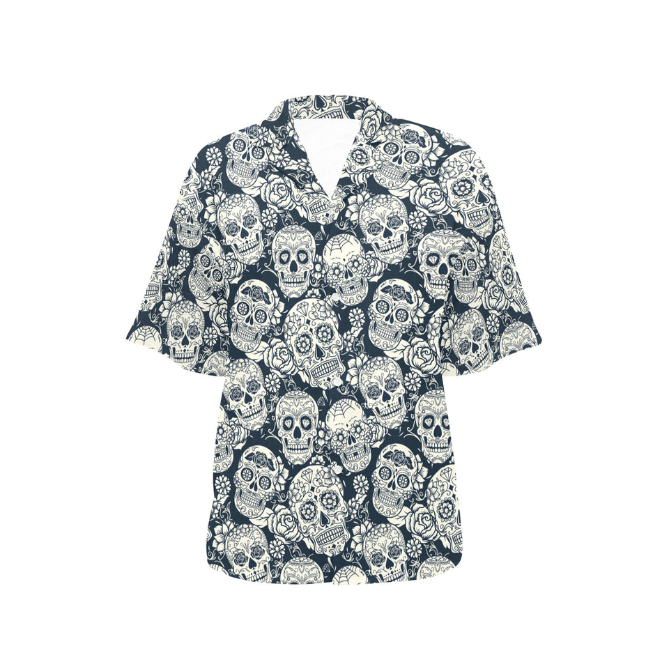 Sugar skull black white pattern Women's All Over Print Hawaiian Shirt