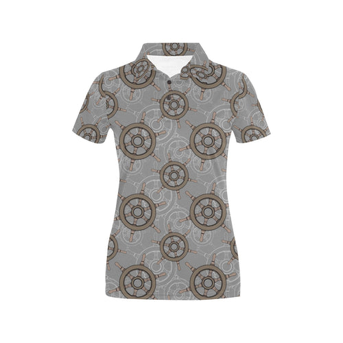 nautical wood steering wheel pattern Women's All Over Print Polo Shirt