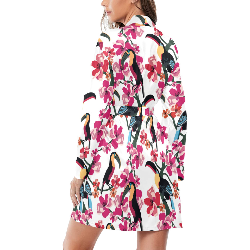 Toucan flower design pattern Women's Long Sleeve Belted Night Robe