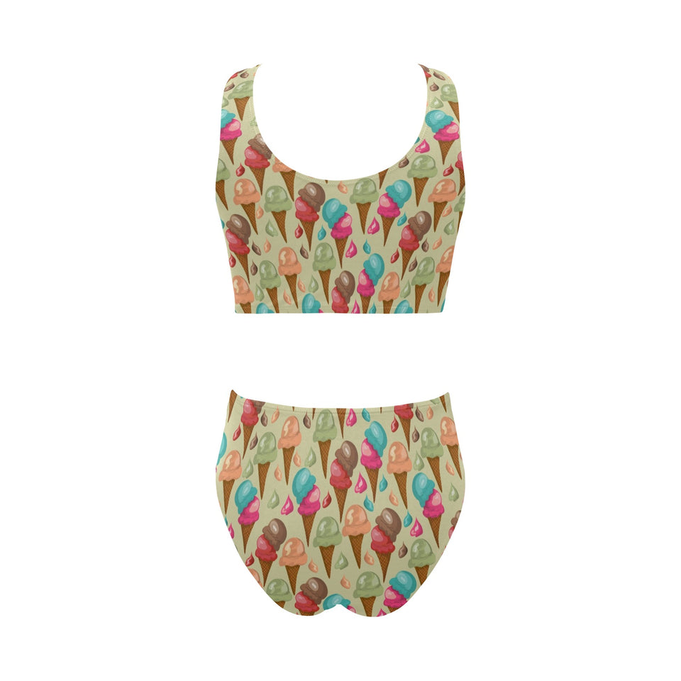 Colorful ice cream pattern Chest Bowknot High Waisted Bikini Swimsuit