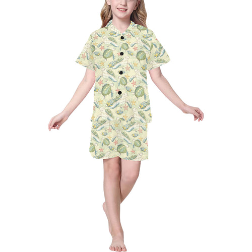 Hand drawn sea turtle fish pattern Kids' Boys' Girls' V-Neck Short Pajama Set