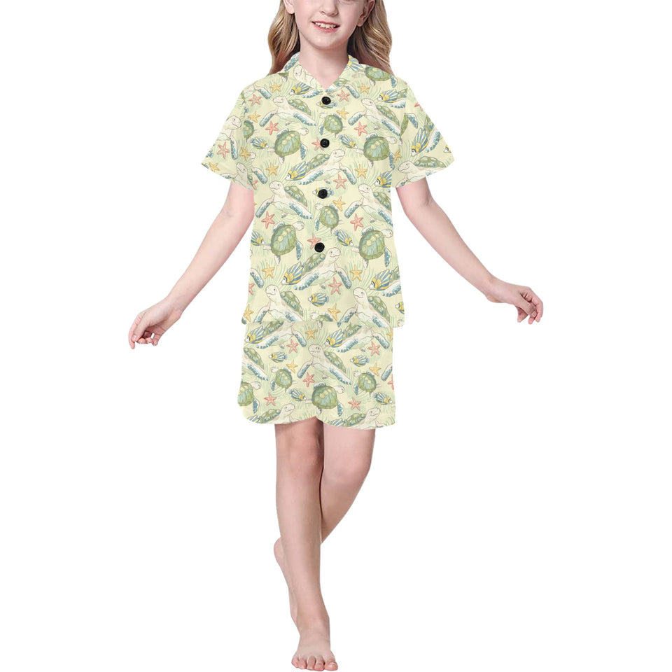 Hand drawn sea turtle fish pattern Kids' Boys' Girls' V-Neck Short Pajama Set