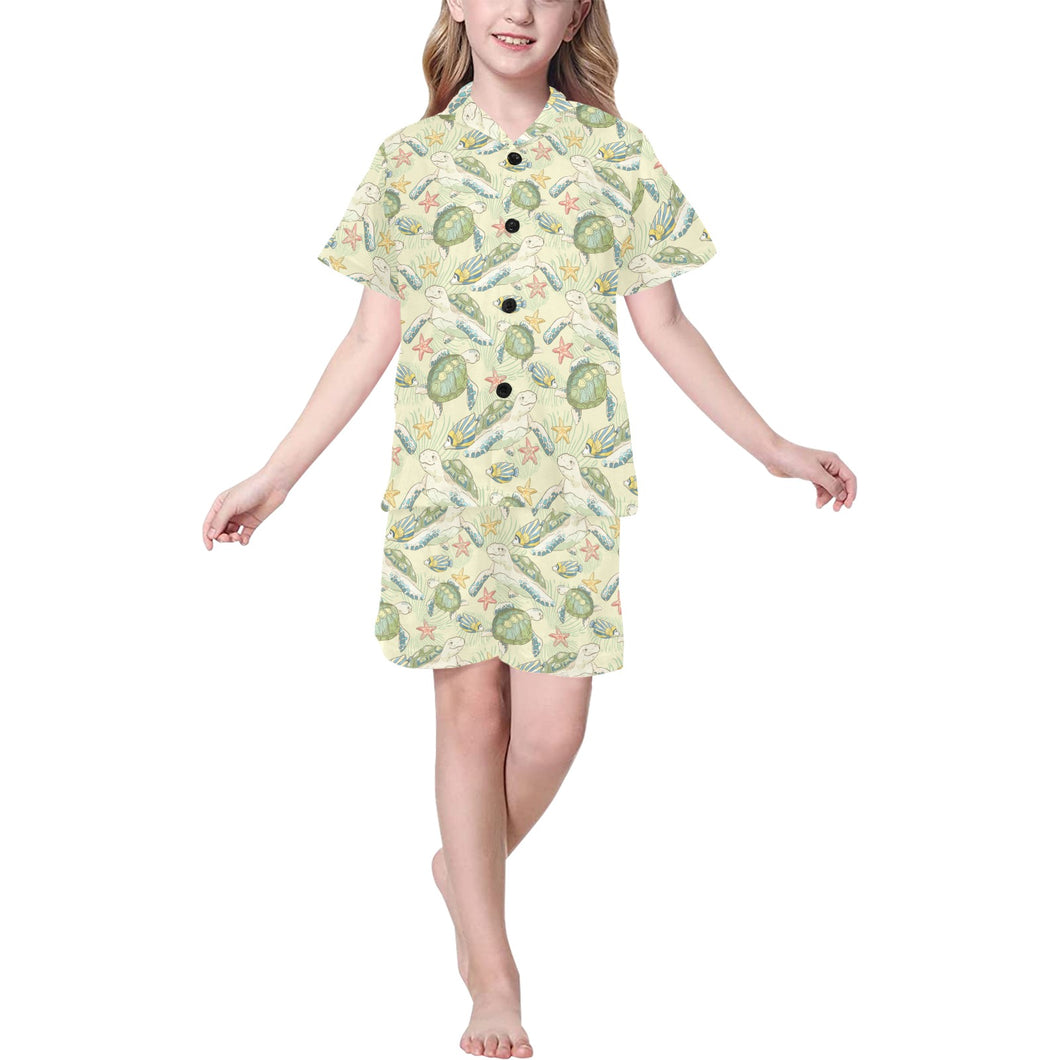 Hand drawn sea turtle fish pattern Kids' Boys' Girls' V-Neck Short Pajama Set