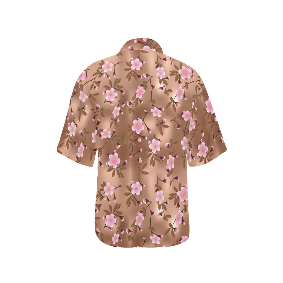 Pink sakura cherry blossom drak brown background Women's All Over Print Hawaiian Shirt