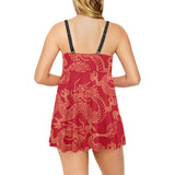 Gold dragons red background Chest Sexy Pleated Two Piece Swim Dress