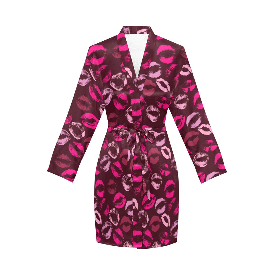 Lips Pattern Print Design 03 Women's Long Sleeve Belted Night Robe