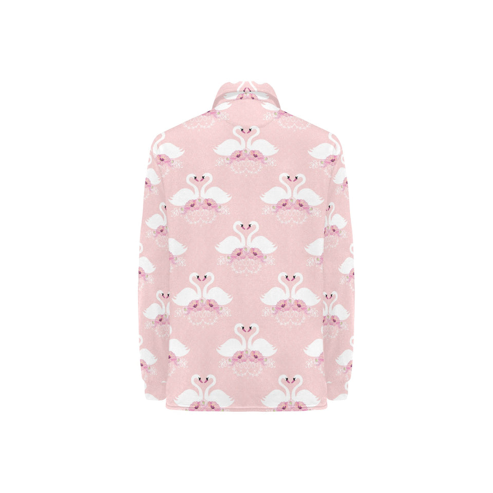 White swan and flower love pattern Women's Long Sleeve Polo Shirt