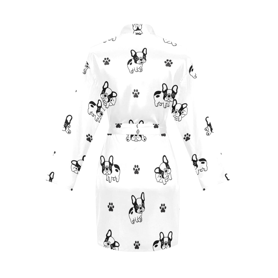 Cute french bulldog paw pattern Women's Long Sleeve Belted Night Robe