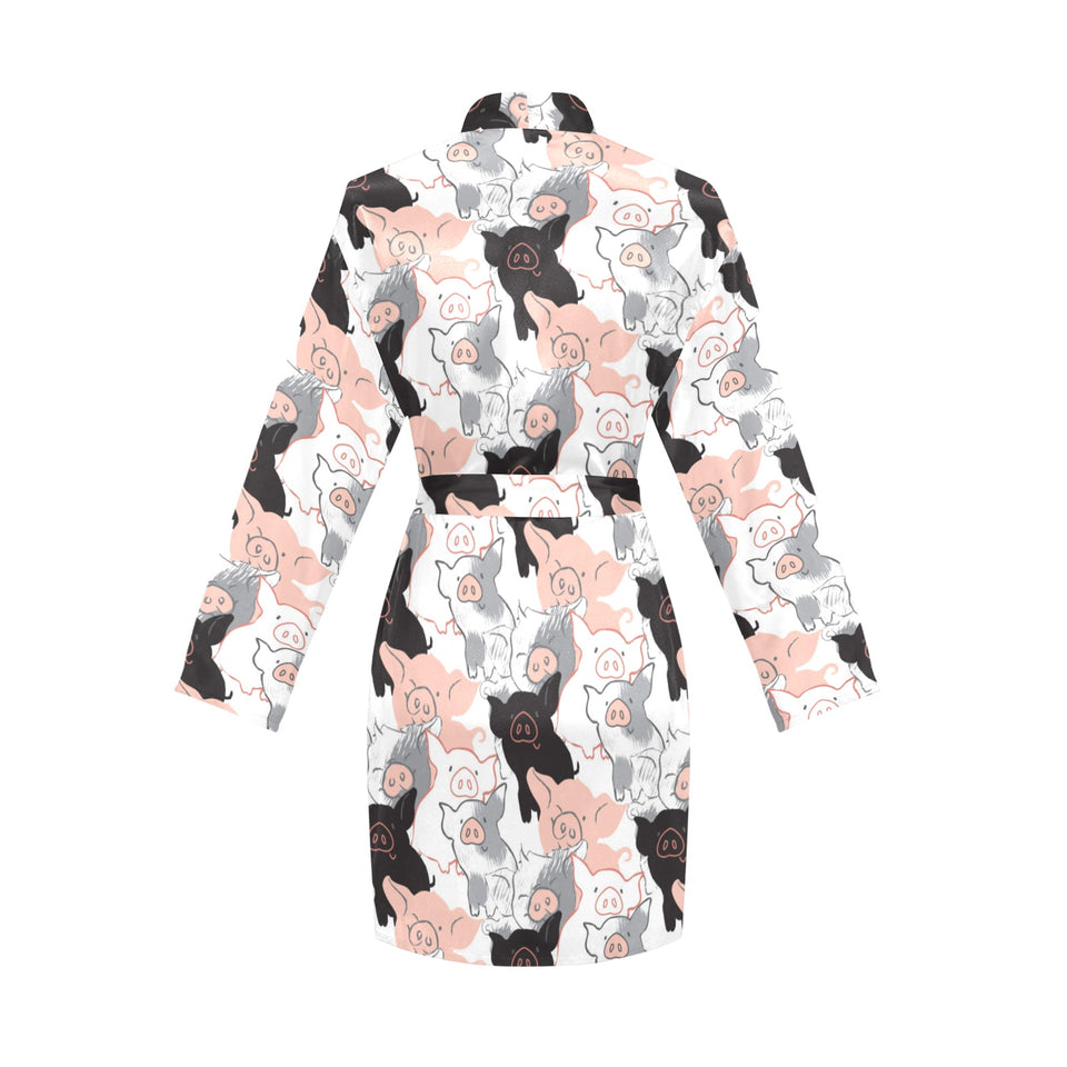 Pig Pattern Print Design 05 Women's Long Sleeve Belted Night Robe
