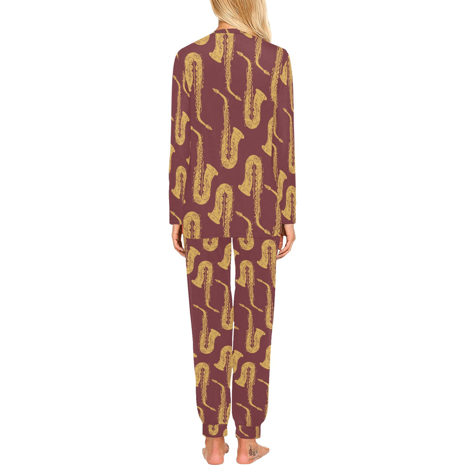 Hand drawn gold saxophone red background Women's All Over Print Pajama Set