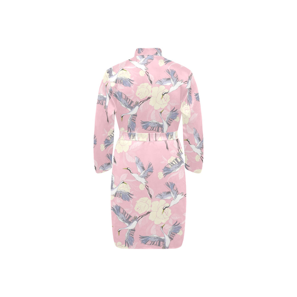 Japanese crane pink sakura pattern Men's Long Sleeve Belted Night Robe