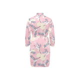 Japanese crane pink sakura pattern Men's Long Sleeve Belted Night Robe