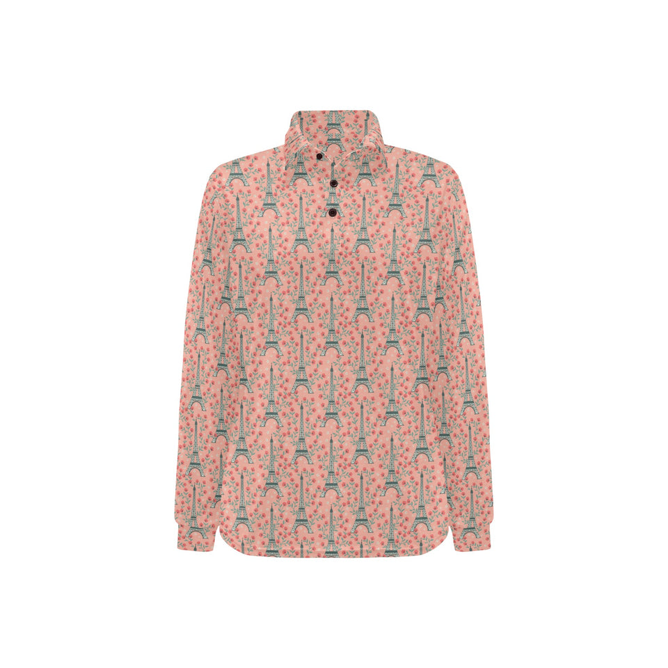 Eiffel Tower Flower Pattern Design 03 Women's Long Sleeve Polo Shirt