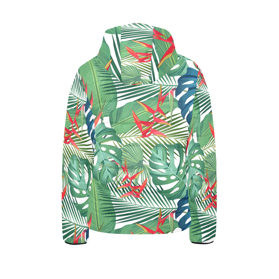 heliconia palm and monstera leaves pattern Kids' Boys' Girls' Padded Hooded Jacket