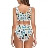 Math Pattern Print Design 05 Chest Bowknot High Waisted Bikini Swimsuit