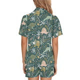 dinosaurs tropical leaves flower pattern Women's V-Neck Short Pajama Set