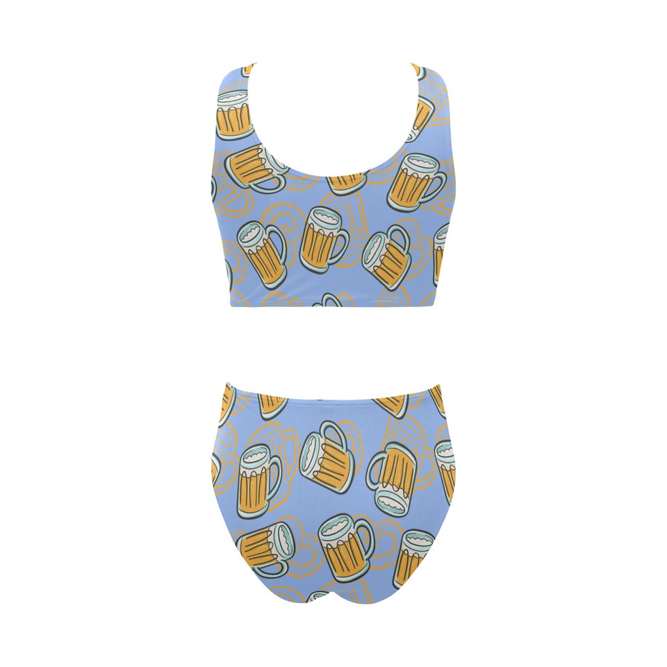 Beer pattern Chest Bowknot High Waisted Bikini Swimsuit