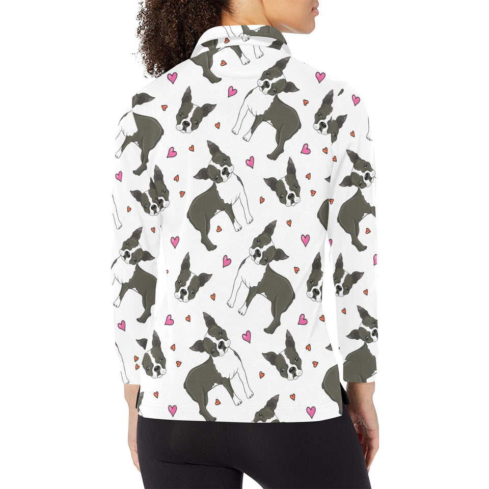 Boston terrier dog hearts vector pattern Women's Long Sleeve Polo Shirt
