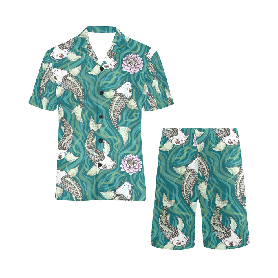 Koi Fish Carp Fish lotus pattern Men's V-Neck Short Pajama Set