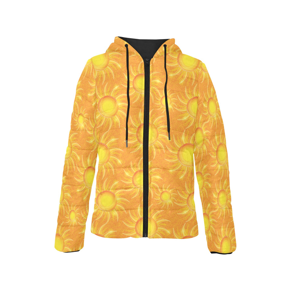 Sun orange background Women's Padded Hooded Jacket