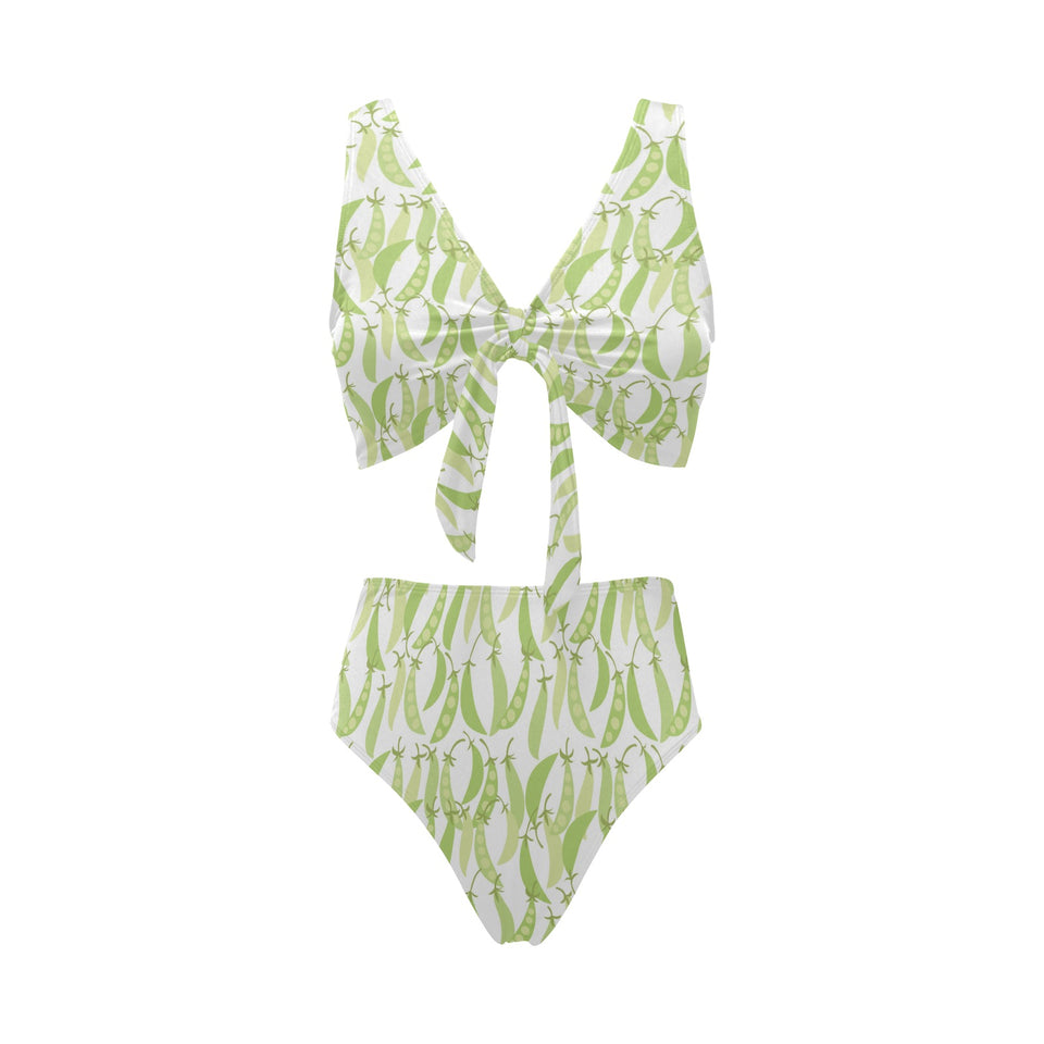 Green Peas Pattern Print Design 03 Chest Bowknot High Waisted Bikini Swimsuit