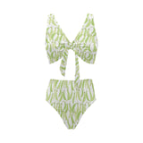 Green Peas Pattern Print Design 03 Chest Bowknot High Waisted Bikini Swimsuit