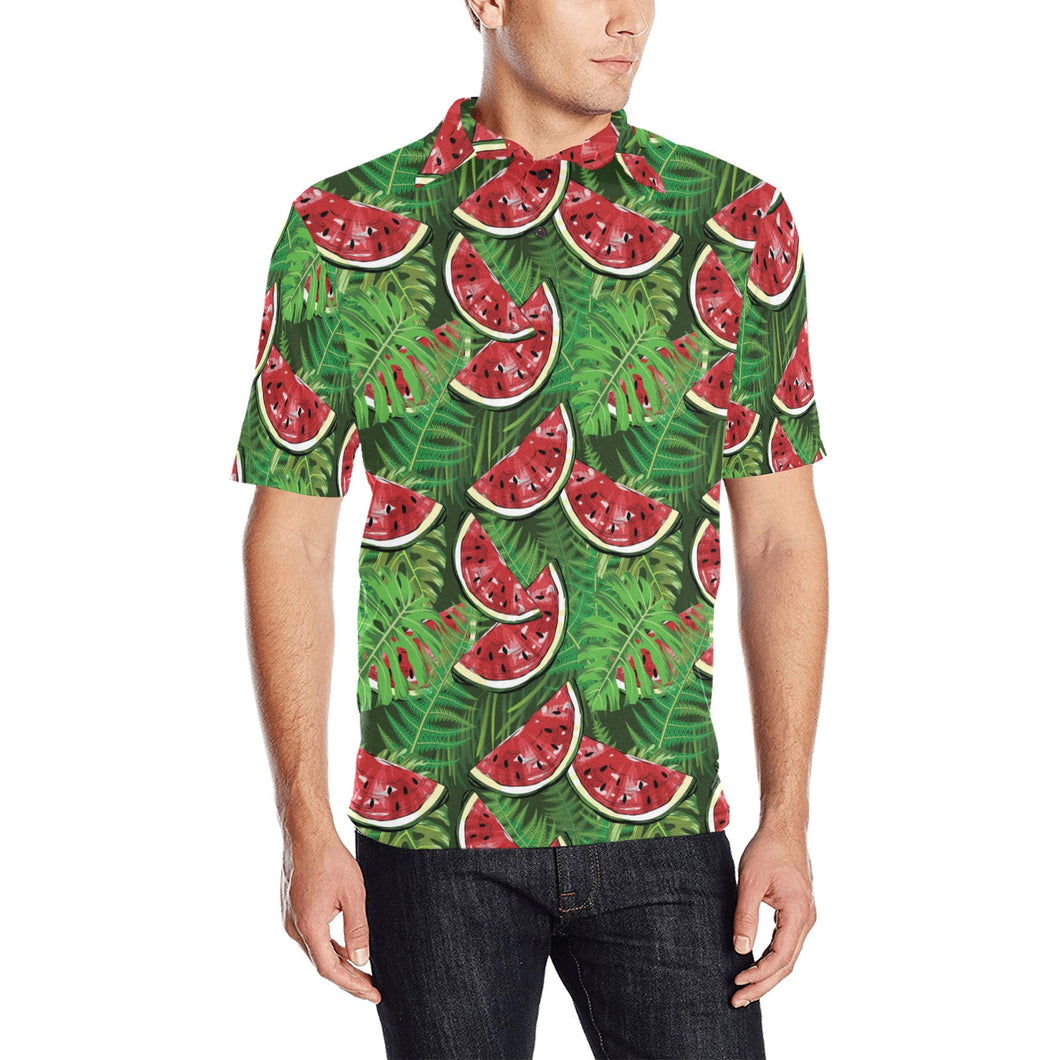 Watermelons tropical palm leaves pattern backgroun Men's All Over Print Polo Shirt