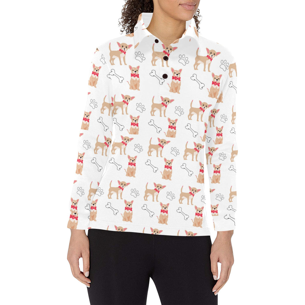 Chihuahua bone paw pattern Women's Long Sleeve Polo Shirt