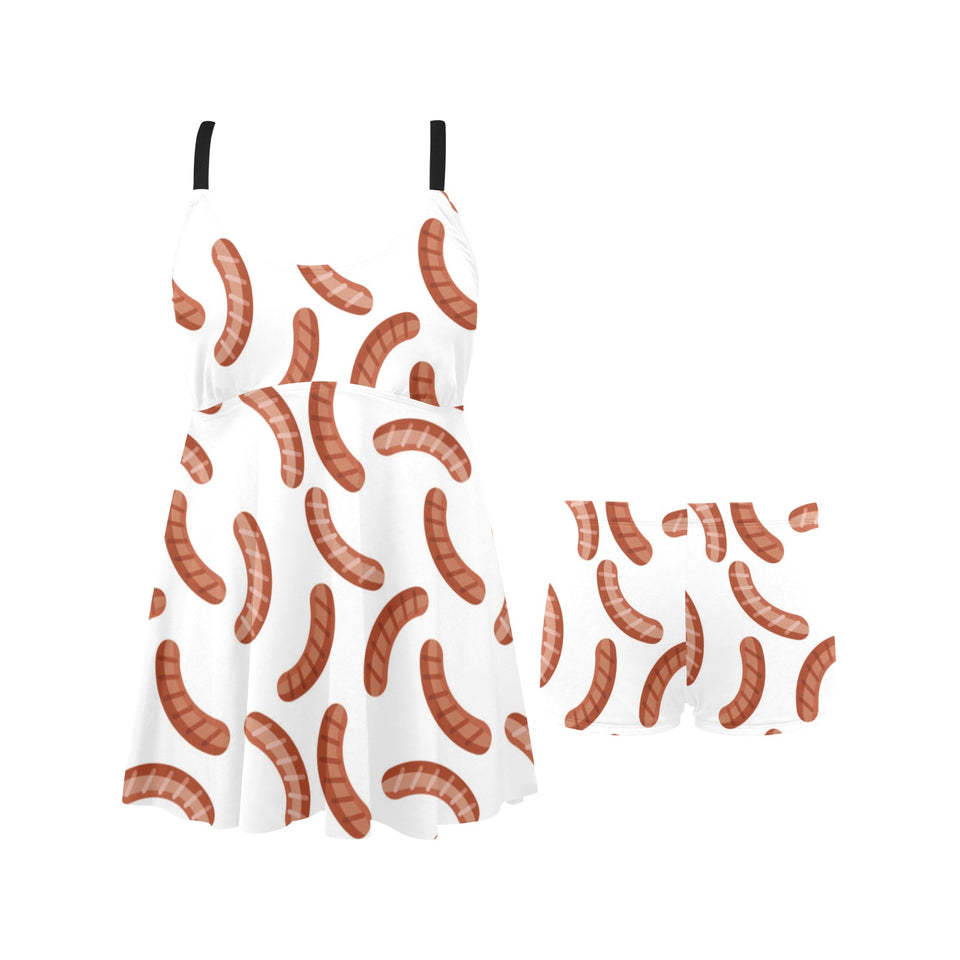 Sausage Pattern Print Design 04 Chest Sexy Pleated Two Piece Swim Dress