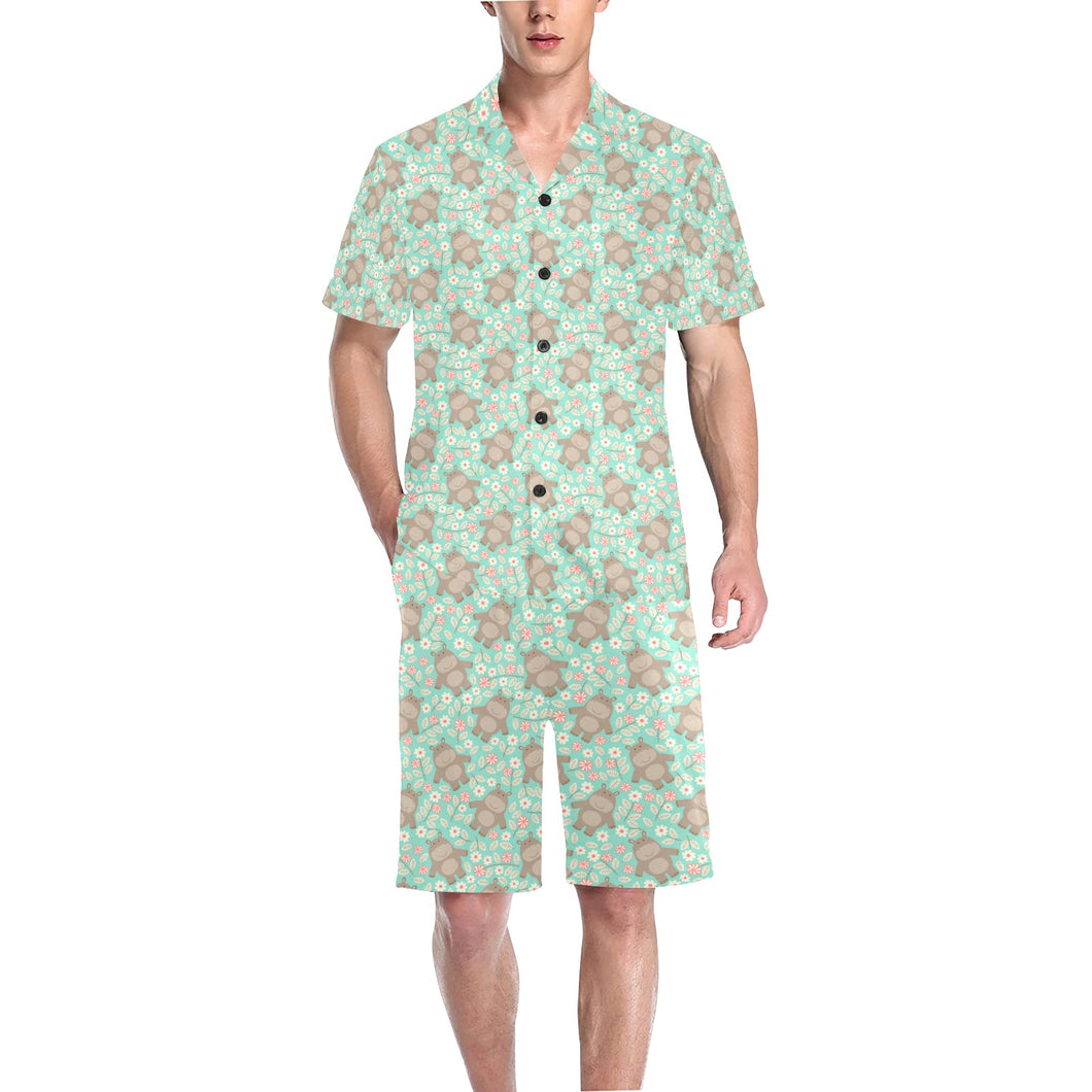 Hippopotamus Pattern Print Design 02 Men's V-Neck Short Pajama Set