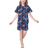 Blue japanese pattern cloud wave flower Kids' Boys' Girls' V-Neck Short Pajama Set