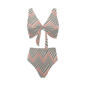 zigzag chevron striped pattern Chest Bowknot High Waisted Bikini Swimsuit
