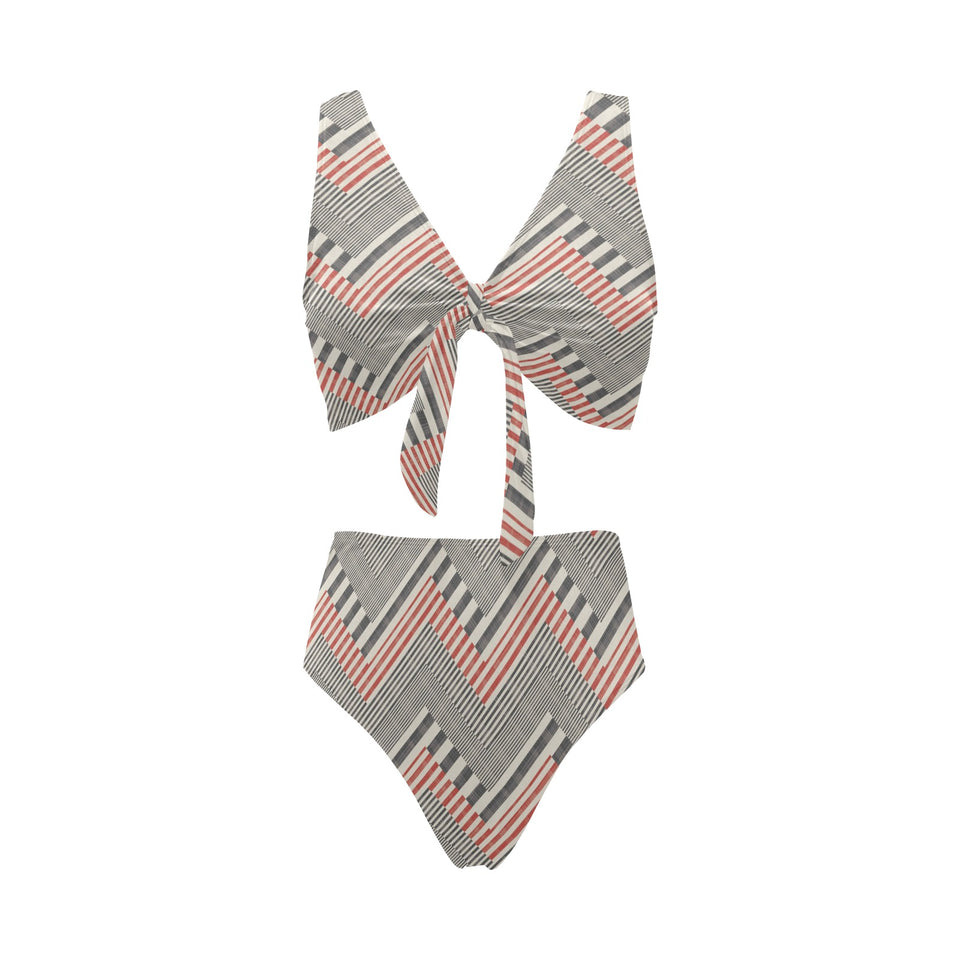 zigzag chevron striped pattern Chest Bowknot High Waisted Bikini Swimsuit