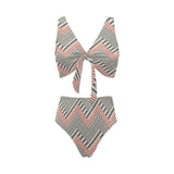 zigzag chevron striped pattern Chest Bowknot High Waisted Bikini Swimsuit