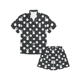 Cute white rabbit polka dots black background Kids' Boys' Girls' V-Neck Short Pajama Set