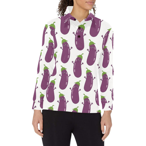 Eggplant Pattern Print Design 01 Women's Long Sleeve Polo Shirt