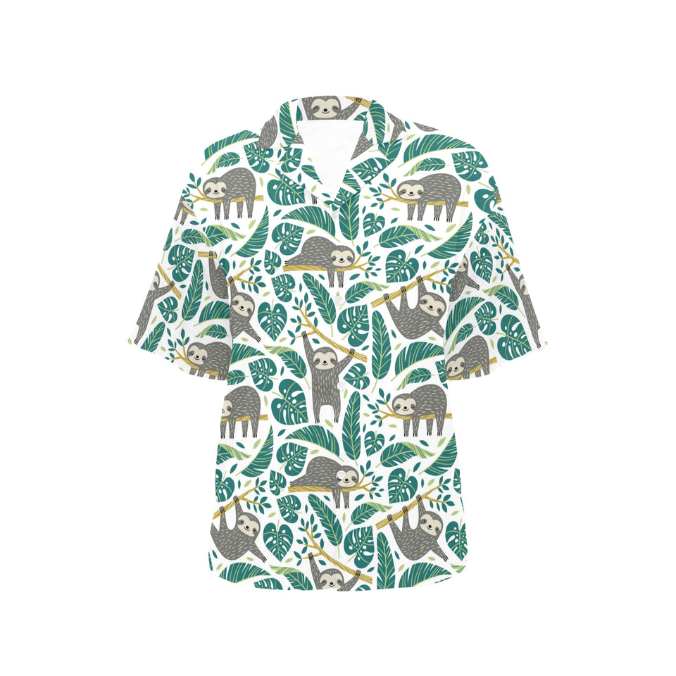 Cute sloths tropical palm leaves white background Women's All Over Print Hawaiian Shirt