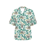 Cute sloths tropical palm leaves white background Women's All Over Print Hawaiian Shirt
