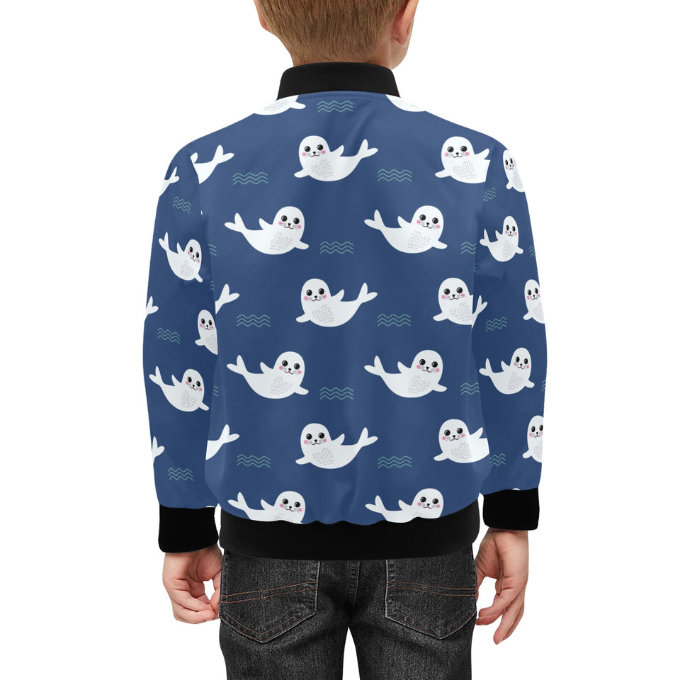 Cute white baby sea lion seal pattern Kids' Boys' Girls' Bomber Jacket