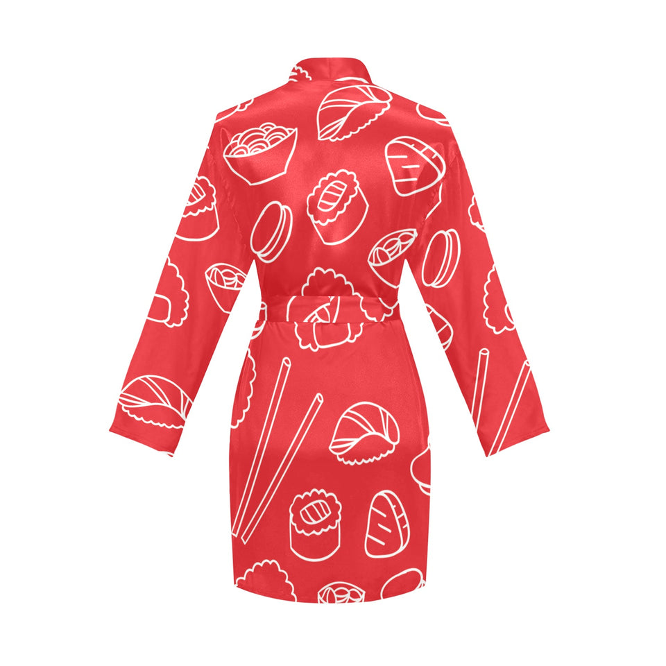 sushi pattern red background Women's Long Sleeve Belted Night Robe